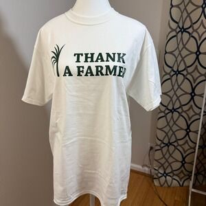 Gildan Thank A Farmer T-Shirt Women Medium White Excellent Graphic Tee FSCL